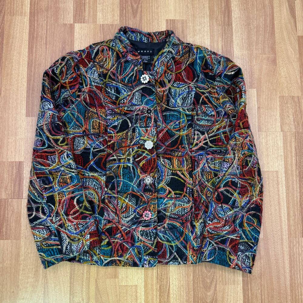 Women's Vintage Weavz Multicolor Yarn Abstract Swirl Button Up Jacket Sz Medium